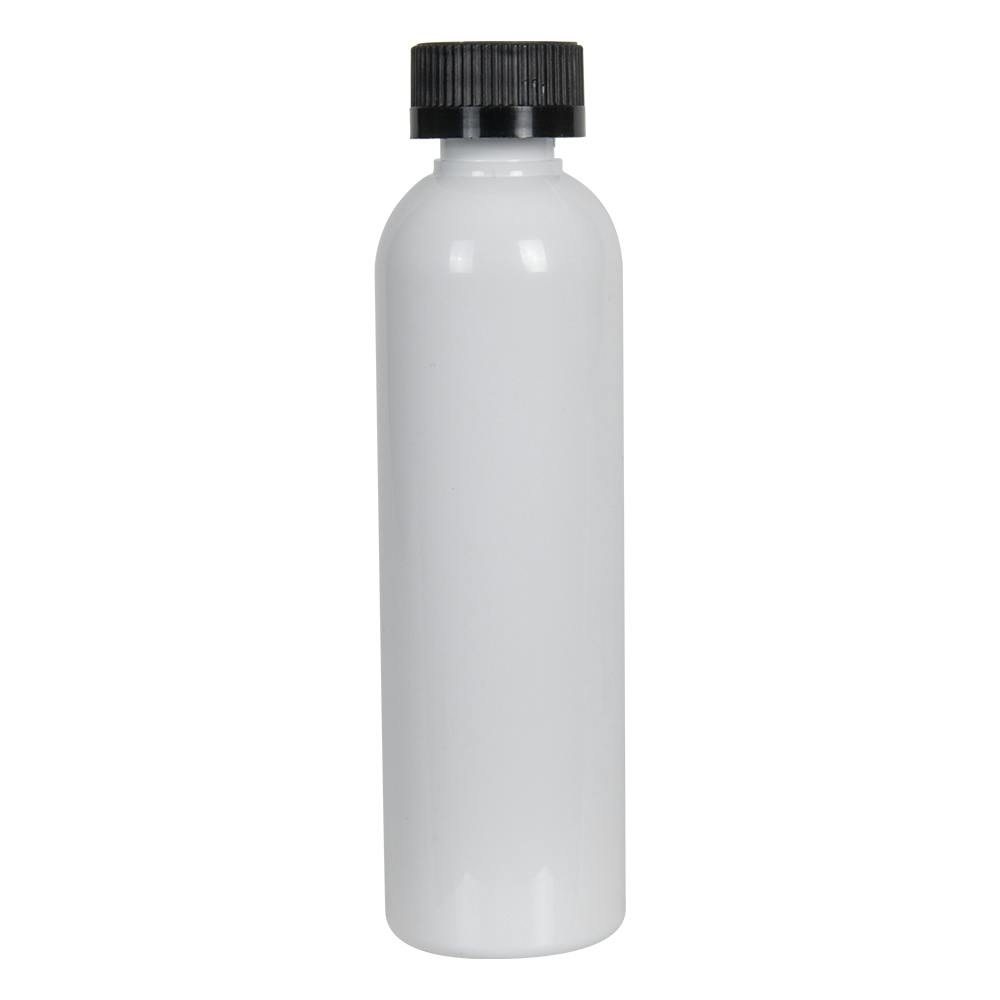 4 oz. White PET Cosmo Round Bottle with 20/400 Black Ribbed Child-Resistant Cap (CRC) with F217 Liner