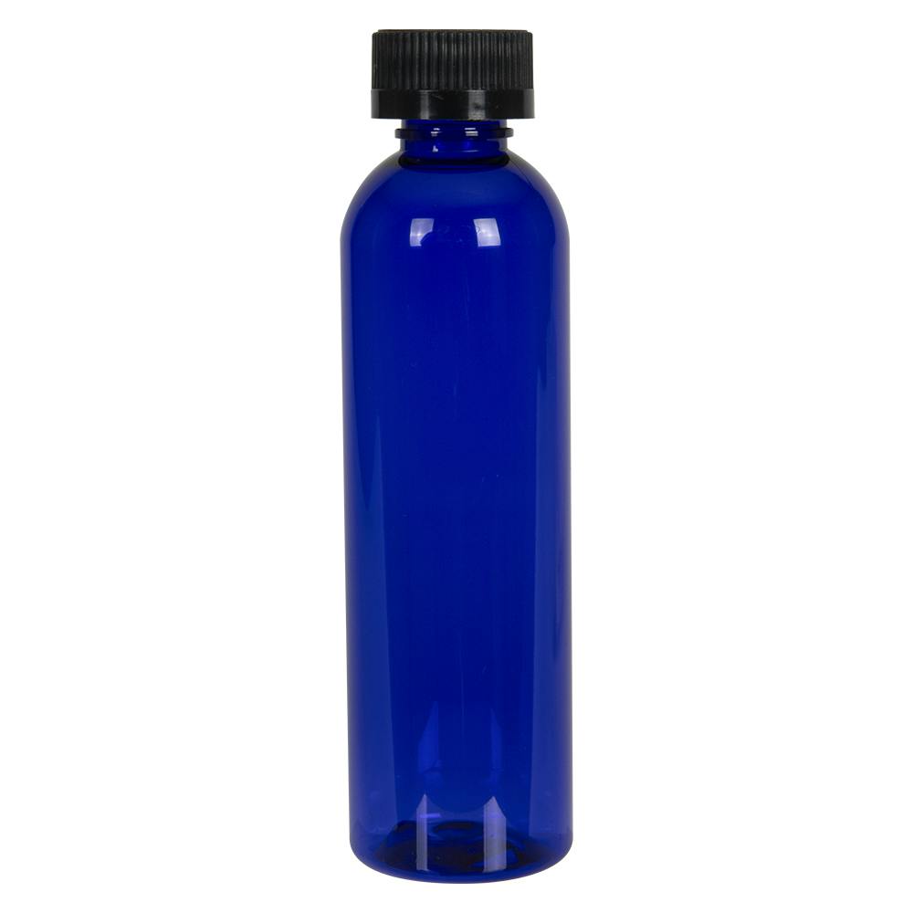 4 oz. Cobalt Blue PET Cosmo Round Bottle with 20/400 Black Ribbed Child-Resistant Cap (CRC) with F217 Liner