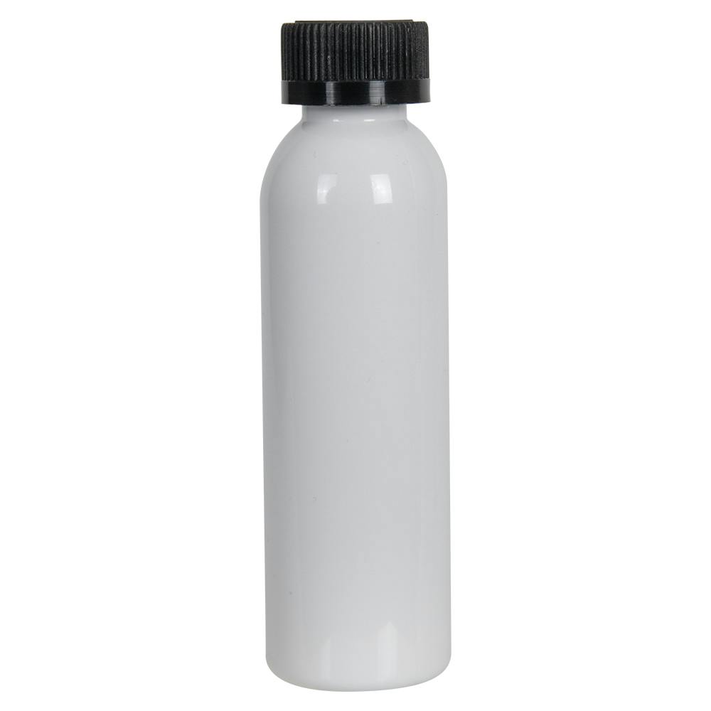 4 oz. White PET Cosmo Round Bottle with 24/400 Black Ribbed Child-Resistant Cap (CRC) with F217 Liner