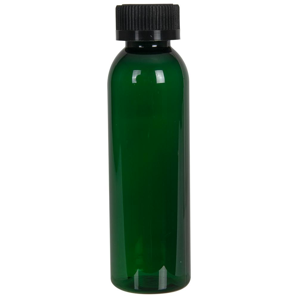 4 oz. Dark Green PET Cosmo Round Bottle with 24/400 Black Ribbed Child-Resistant Cap (CRC) with F217 Liner