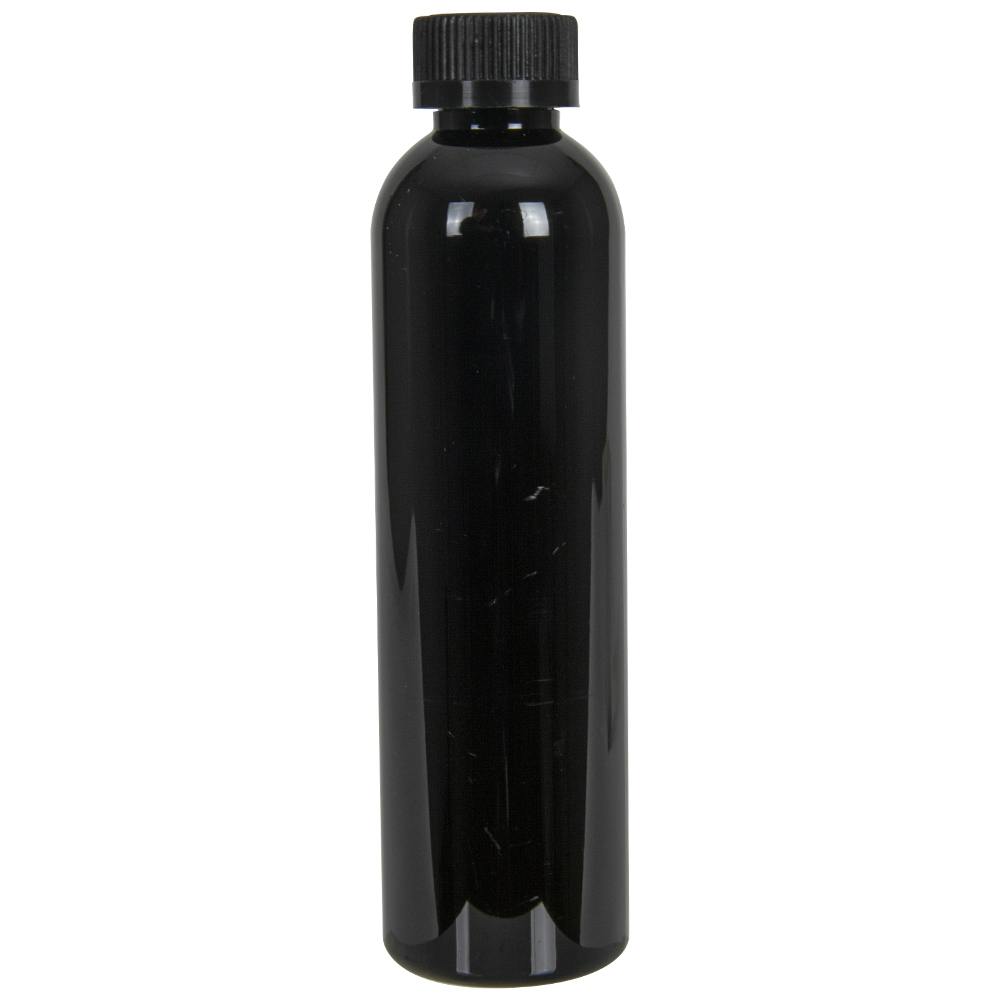 8 oz. Black PET Cosmo Round Bottle with 24/400 Black Ribbed Child-Resistant Cap (CRC) with F217 Liner
