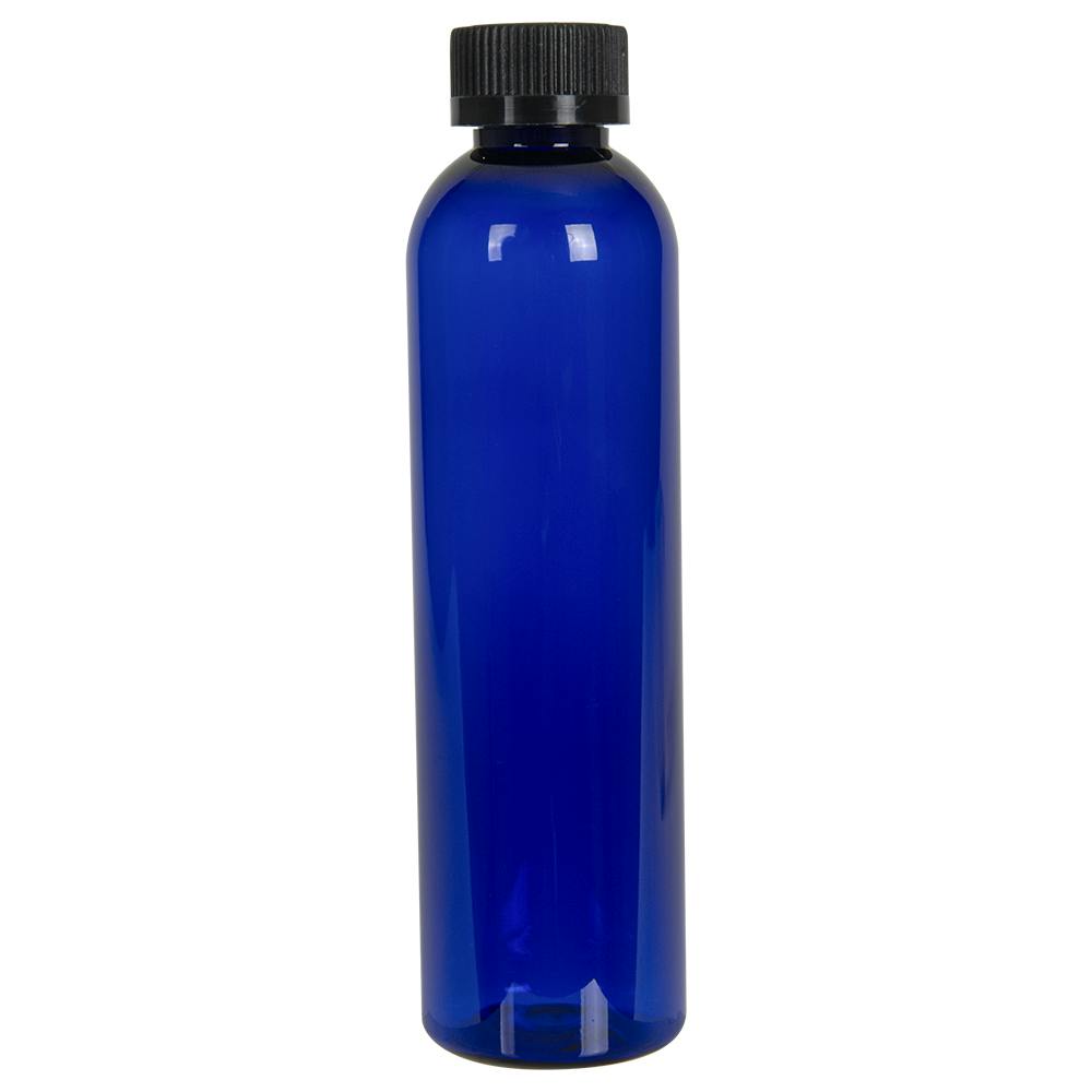 8 oz. Cobalt Blue PET Cosmo Round Bottle with 24/400 Black Ribbed Child-Resistant Cap (CRC) with F217 Liner