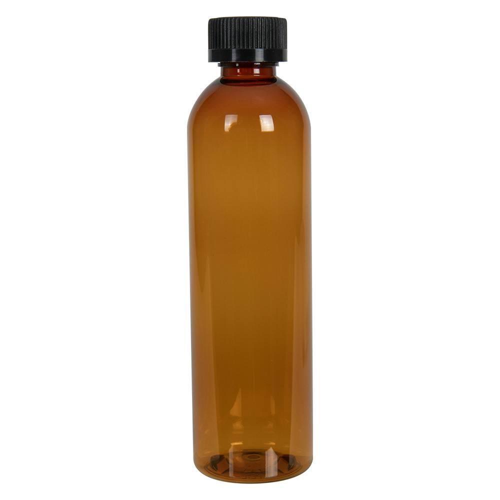 8 oz. Clarified Amber PET Cosmo Round Bottle with 24/400 Black Ribbed Child-Resistant Cap (CRC) with F217 Liner
