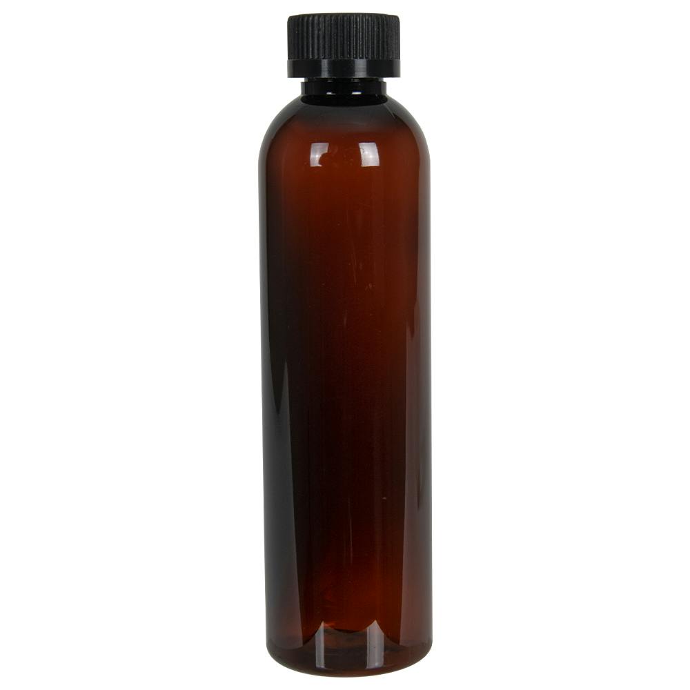 8 oz. Light Amber PET Cosmo Round Bottle with 24/400 Black Ribbed Child-Resistant Cap (CRC) with F217 Liner