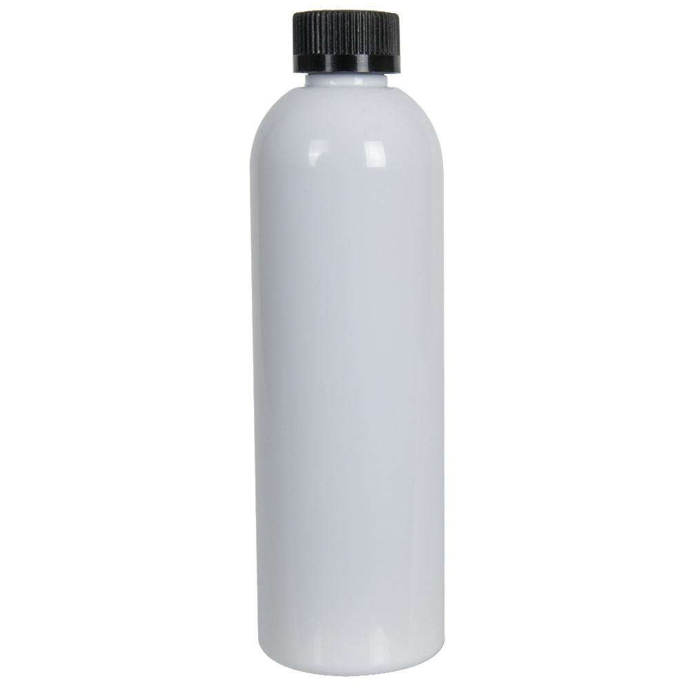 12 oz. White PET Cosmo Round Bottle with 24/400 Black Ribbed Child-Resistant Cap (CRC) with F217 Liner