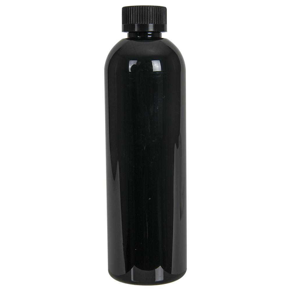 12 oz. Black PET Cosmo Round Bottle with 24/400 Black Ribbed Child-Resistant Cap (CRC) with F217 Liner