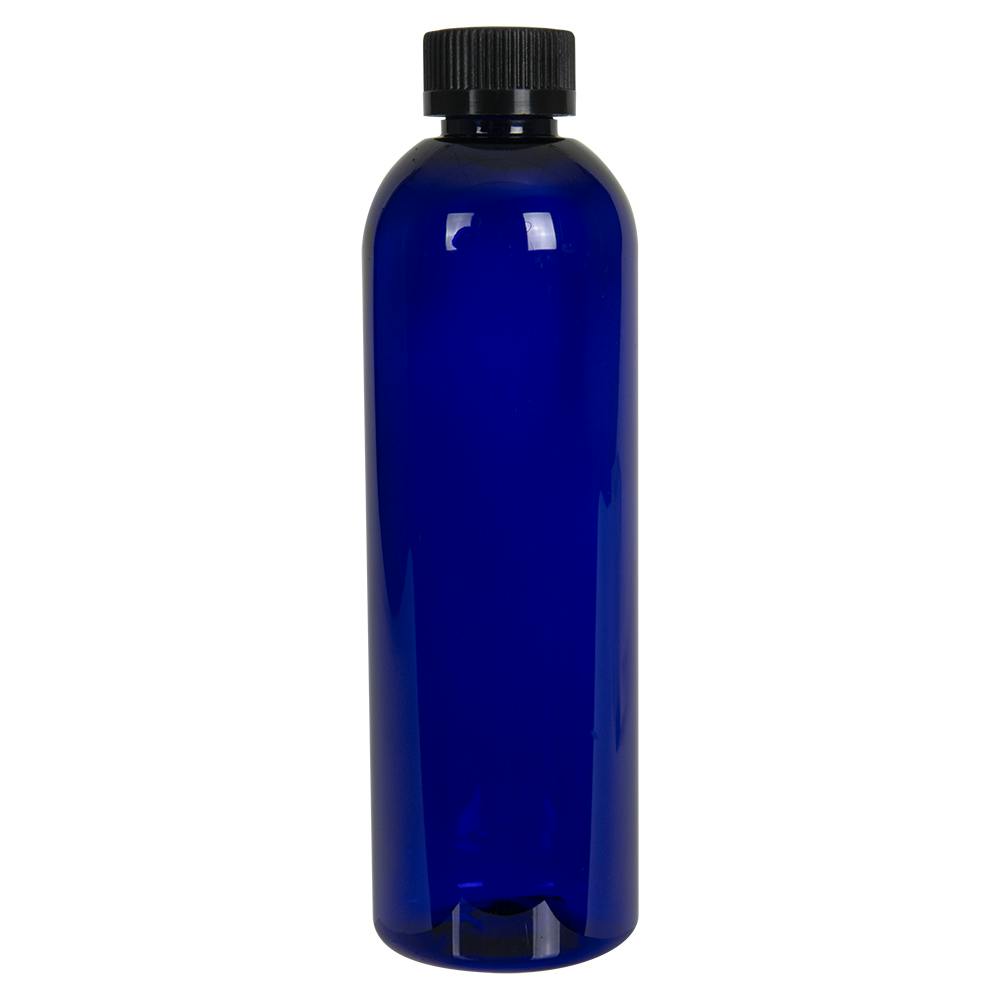 12 oz. Cobalt Blue PET Cosmo Round Bottle with 24/400 Black Ribbed Child-Resistant Cap (CRC) with F217 Liner