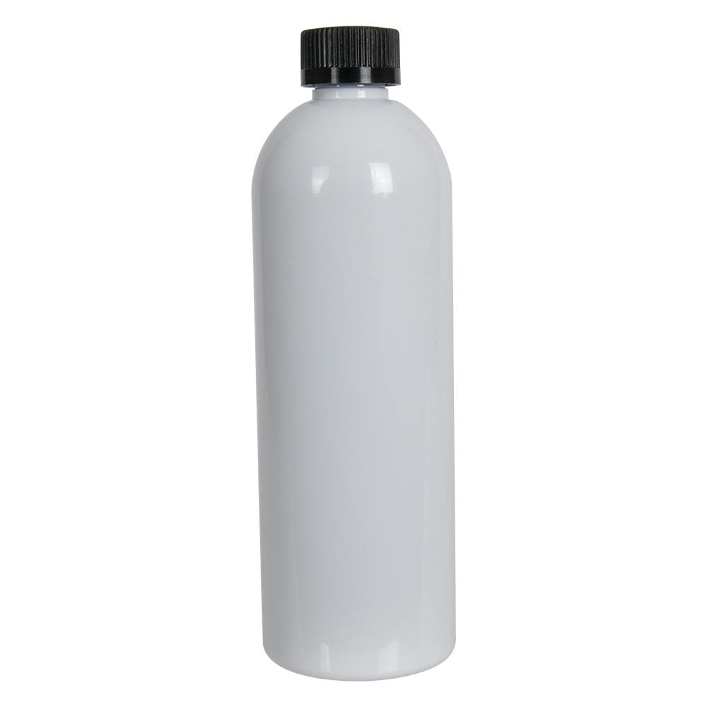 16 oz. White PET Cosmo Round Bottle with 24/400 Black Ribbed Child-Resistant Cap (CRC) with F217 Liner