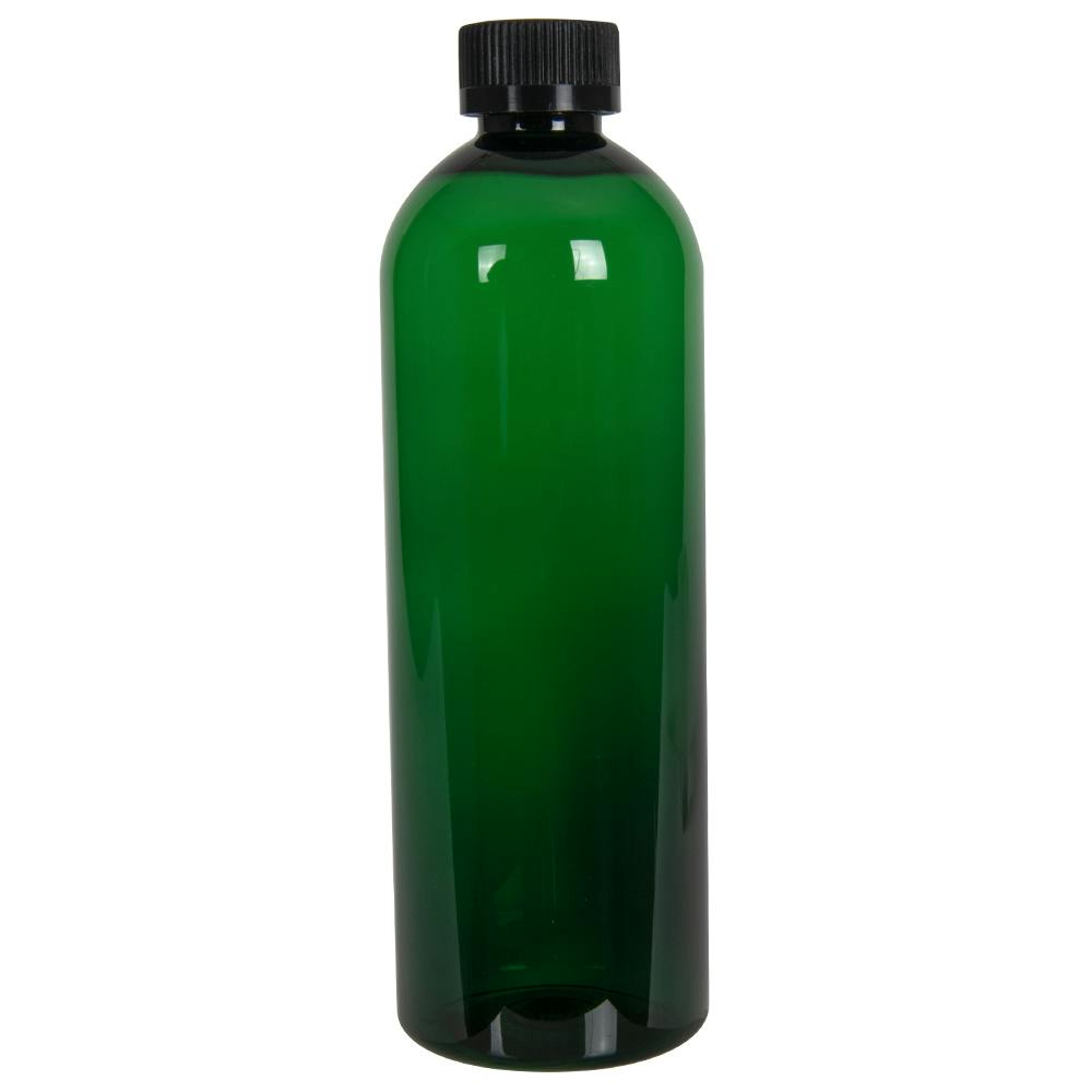 16 oz. Dark Green PET Cosmo Round Bottle with 24/400 Black Ribbed Child-Resistant Cap (CRC) with F217 Liner