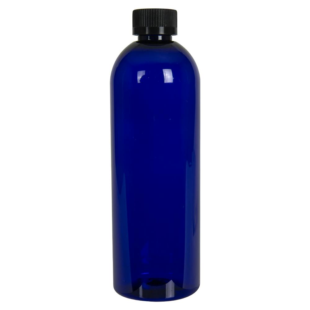 16 oz. Cobalt Blue PET Cosmo Round Bottle with 24/400 Black Ribbed Child-Resistant Cap (CRC) with F217 Liner