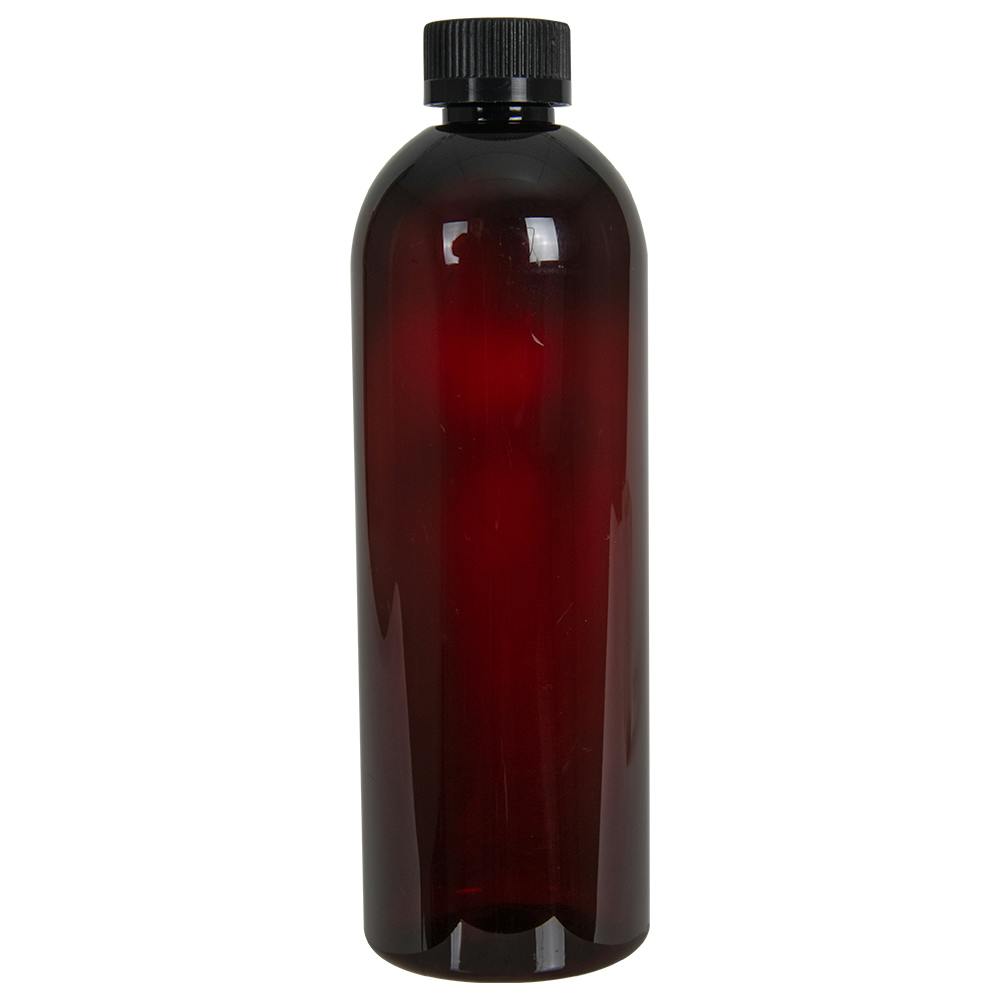 16 oz. Light Amber PET Cosmo Round Bottle with 24/400 Black Ribbed Child-Resistant Cap (CRC) with F217 Liner