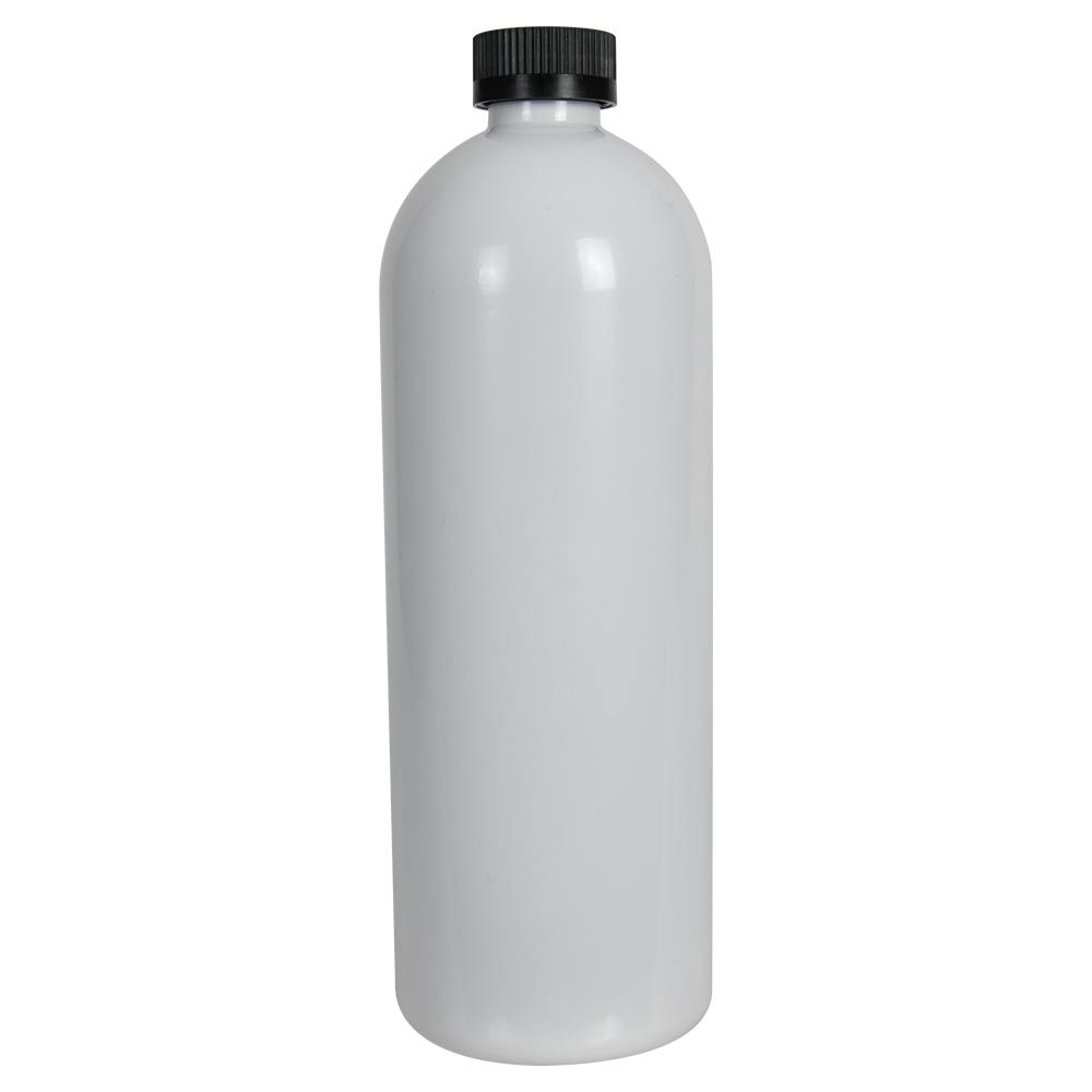 32 oz. White PET Cosmo Round Bottle with 28/400 Black Ribbed Child-Resistant Cap (CRC) with F217 Liner