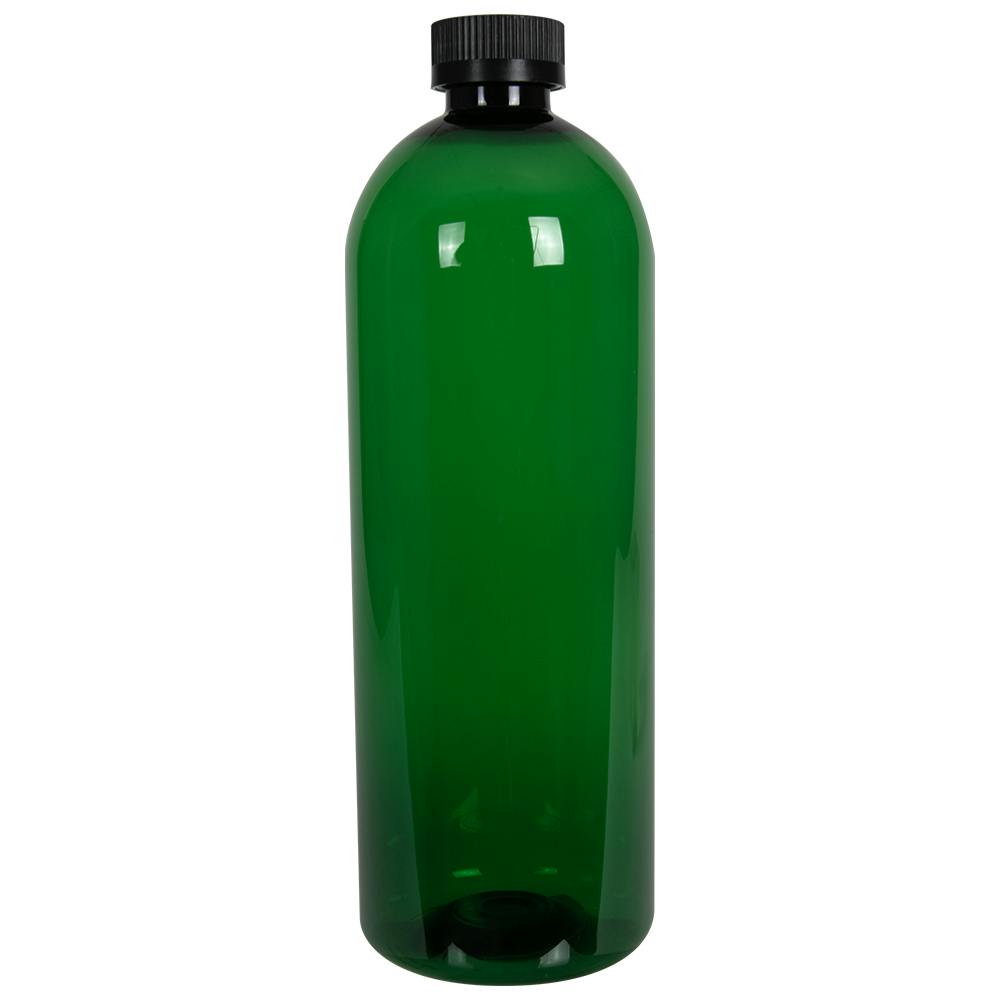 32 oz. Dark Green PET Cosmo Round Bottle with 28/400 Black Ribbed Child-Resistant Cap (CRC) with F217 Liner