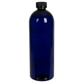 32 oz. Cobalt Blue PET Cosmo Round Bottle with 28/400 Black Ribbed Child-Resistant Cap (CRC) with F217 Liner