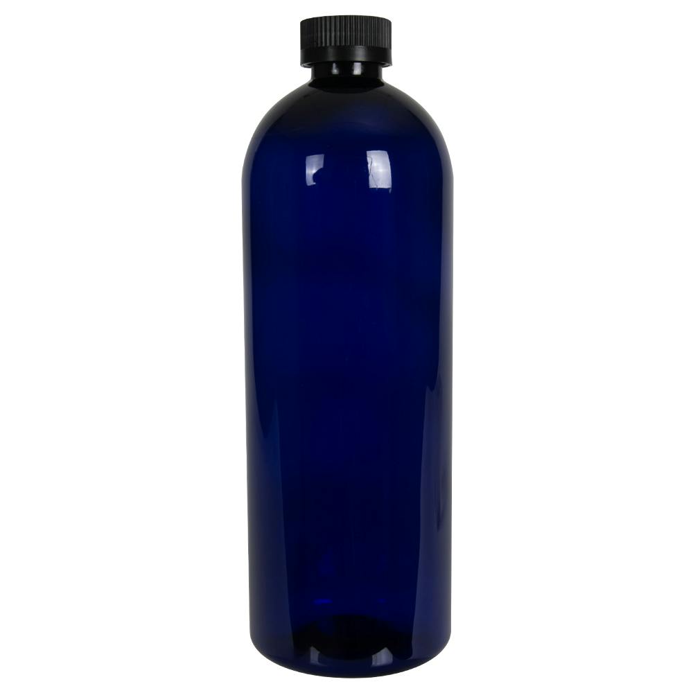 32 oz. Cobalt Blue PET Cosmo Round Bottle with 28/400 Black Ribbed Child-Resistant Cap (CRC) with F217 Liner