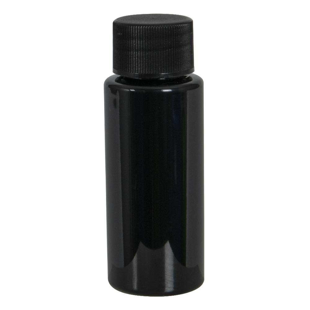 1 oz. Black PET Cylindrical Bottle with 20/410 Black Ribbed Cap with F217 Liner