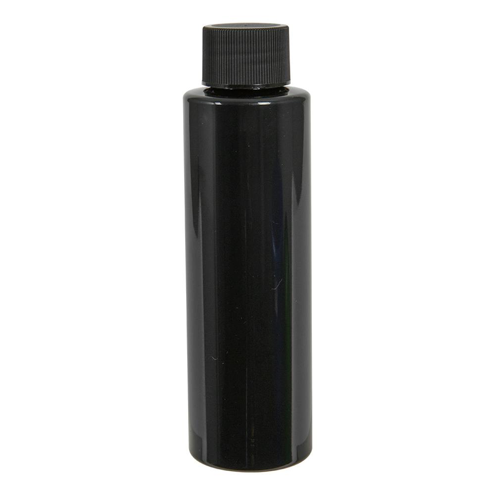 4 oz. Black PET Cylindrical Bottle with 24/410 Black Ribbed Cap with F217 Liner