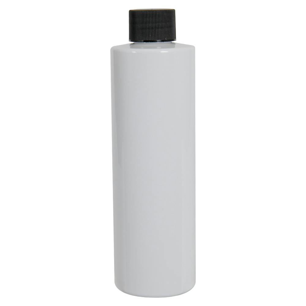 8 oz. White PET Cylindrical Bottle with 24/410 Black Ribbed Cap with F217 Liner
