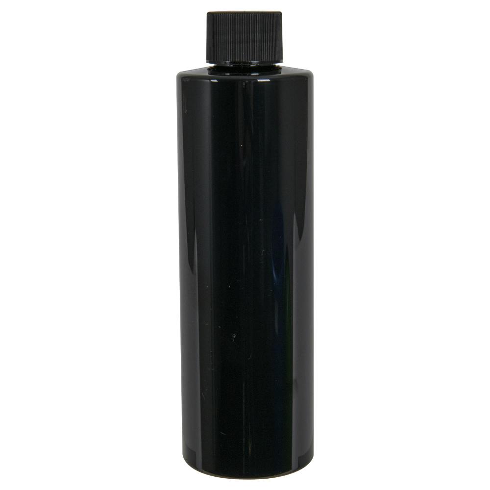8 oz. Black PET Cylindrical Bottle with 24/410 Black Ribbed Cap with F217 Liner