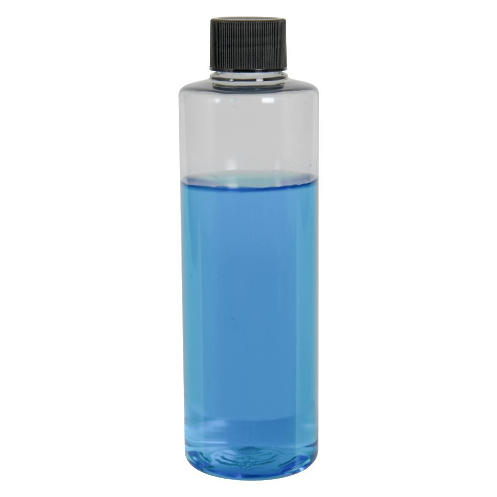 8 oz. Clear PET Cylindrical Bottle with 24/410 Black Ribbed Cap with F217 Liner