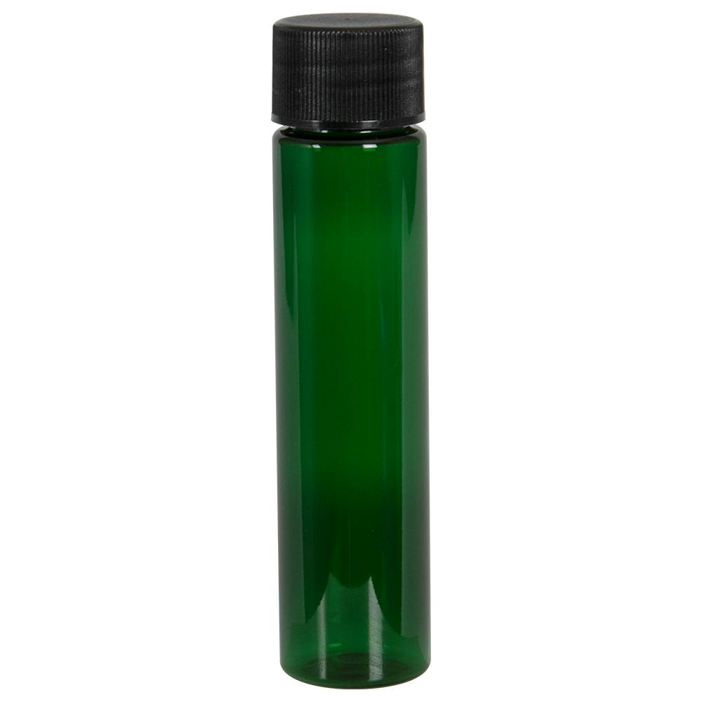 1 oz. Green PET Slim Cylindrical Bottle with 20/410 Black Ribbed Cap with F217 Liner
