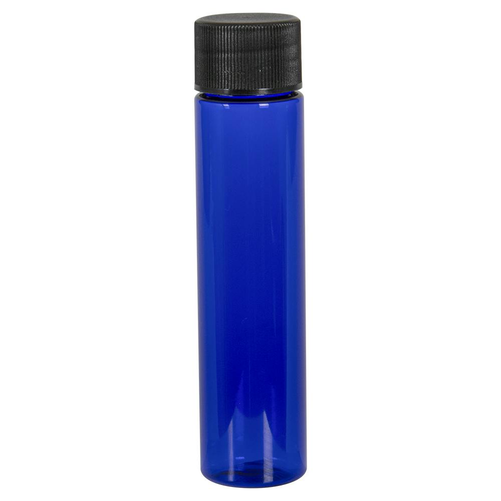 1 oz. Cobalt Blue PET Slim Cylindrical Bottle with 20/410 Black Ribbed Cap with F217 Liner