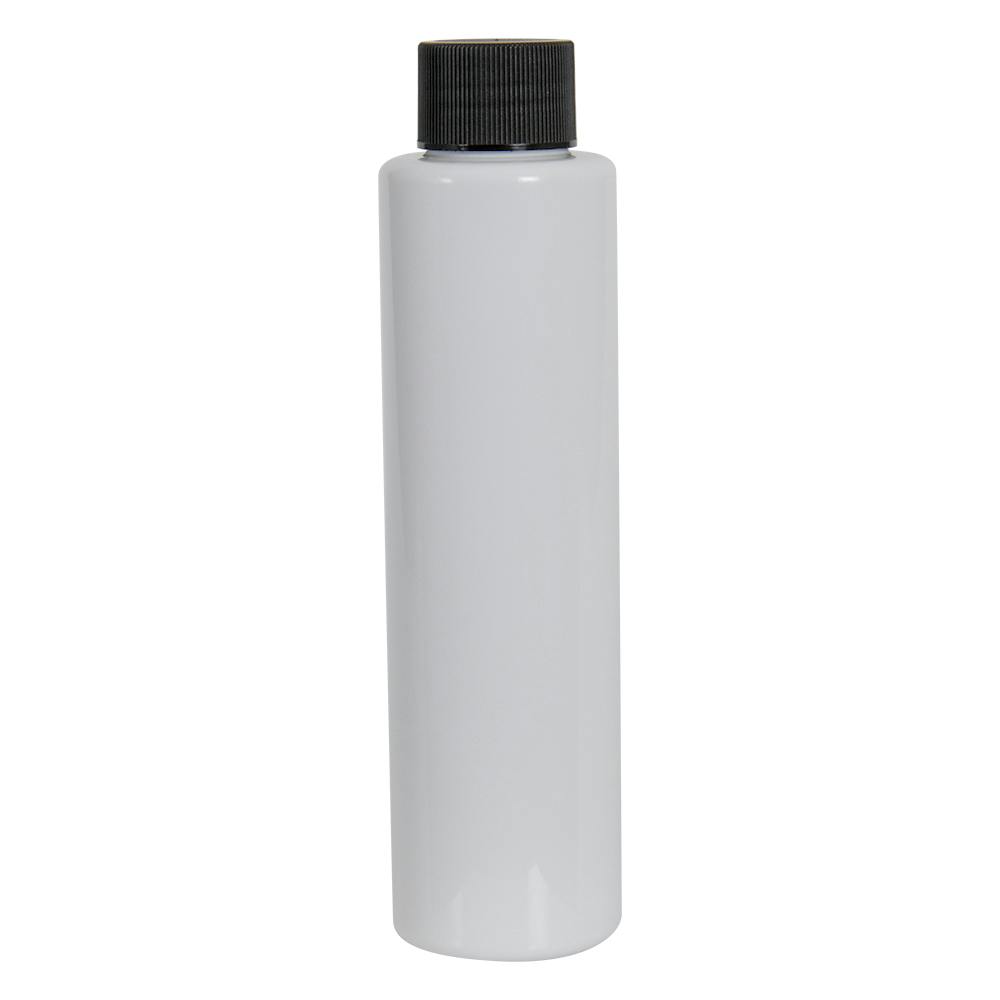 4 oz. White PET Slim Cylindrical Bottle with 24/410 Black Ribbed Cap with F217 Liner