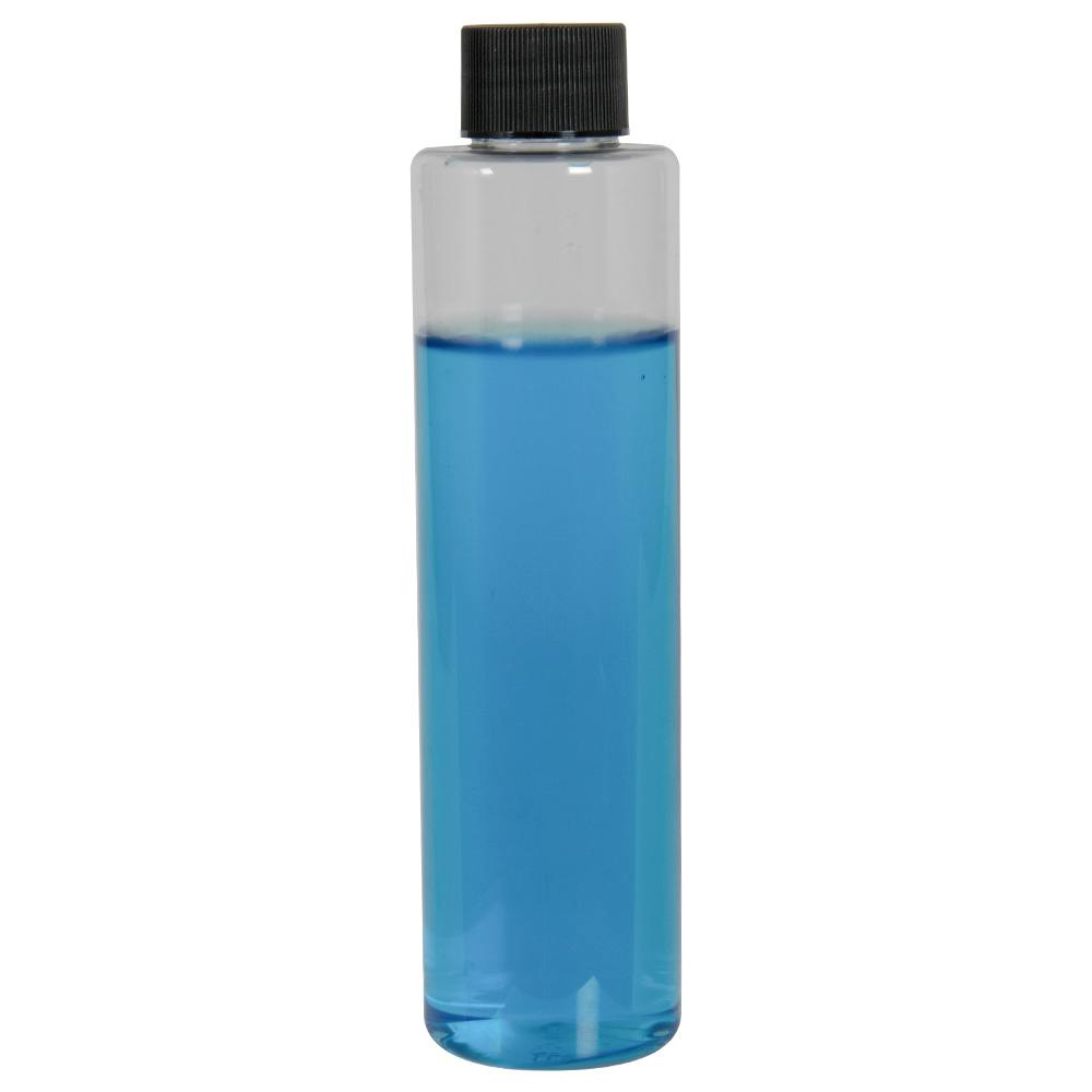 6 oz. Clear PET Slim Cylindrical Bottle with 24/410 Black Ribbed Cap with F217 Liner