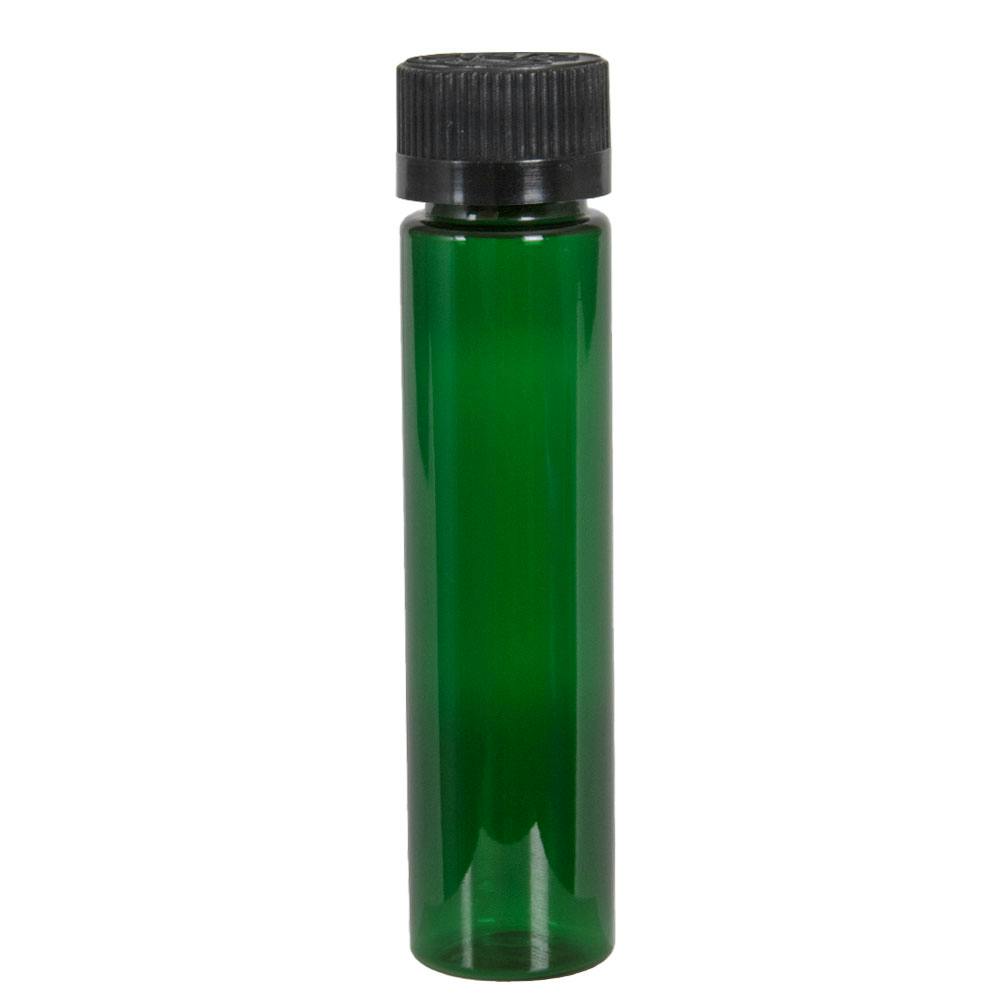 1 oz. Green PET Slim Cylindrical Bottle with 20/400 Black Ribbed Child-Resistant Cap (CRC) with F217 Liner