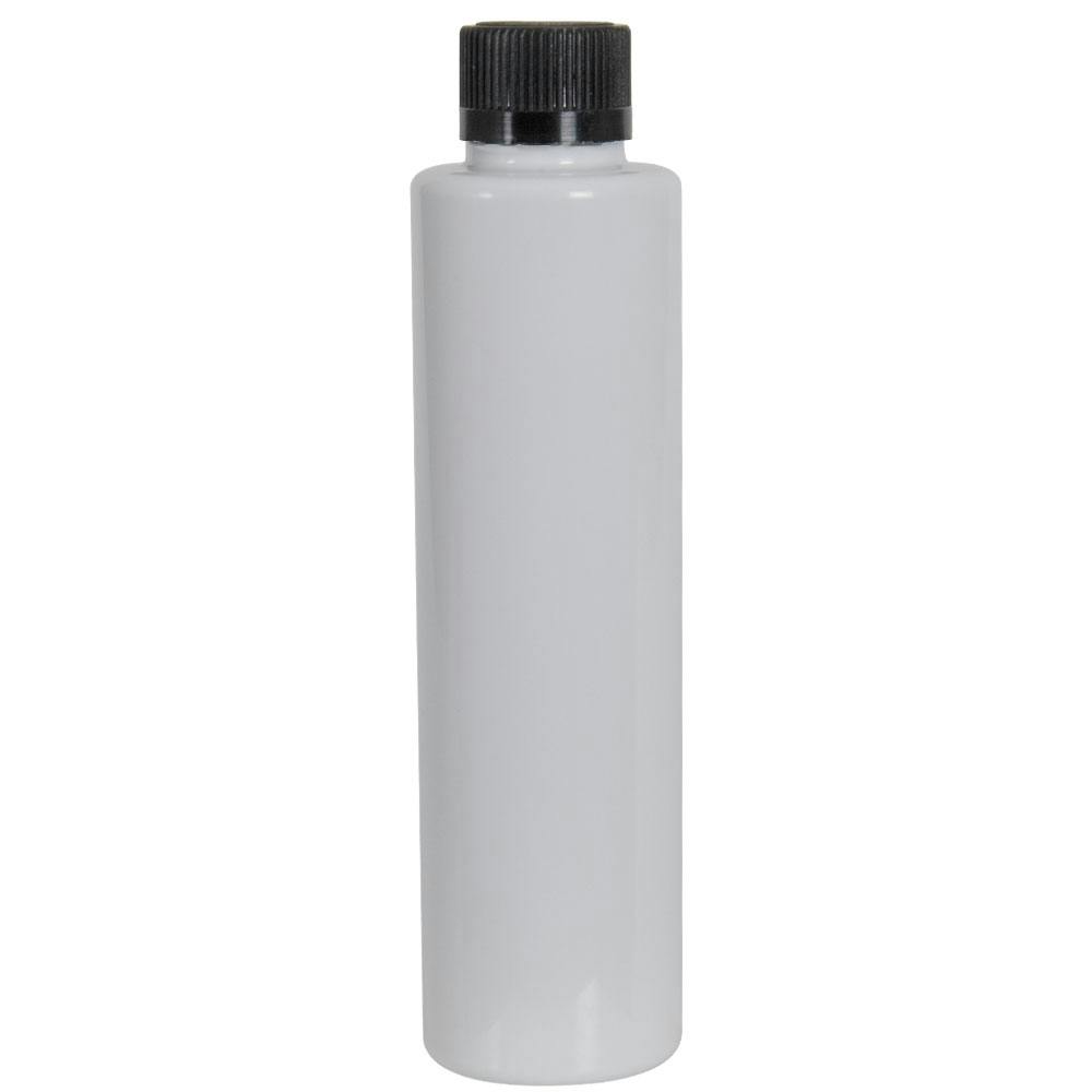 4 oz. White PET Slim Cylindrical Bottle with 24/400 Black Ribbed Child-Resistant Cap (CRC) with F217 Liner