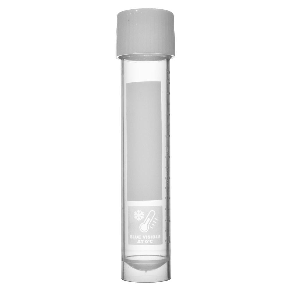 10mL Sterile Clear Polypropylene Transport Tube with FreezeTech™ Temperature Indicator & Attached White Screw Cap - 100 per Bag; 5 Bags per Case