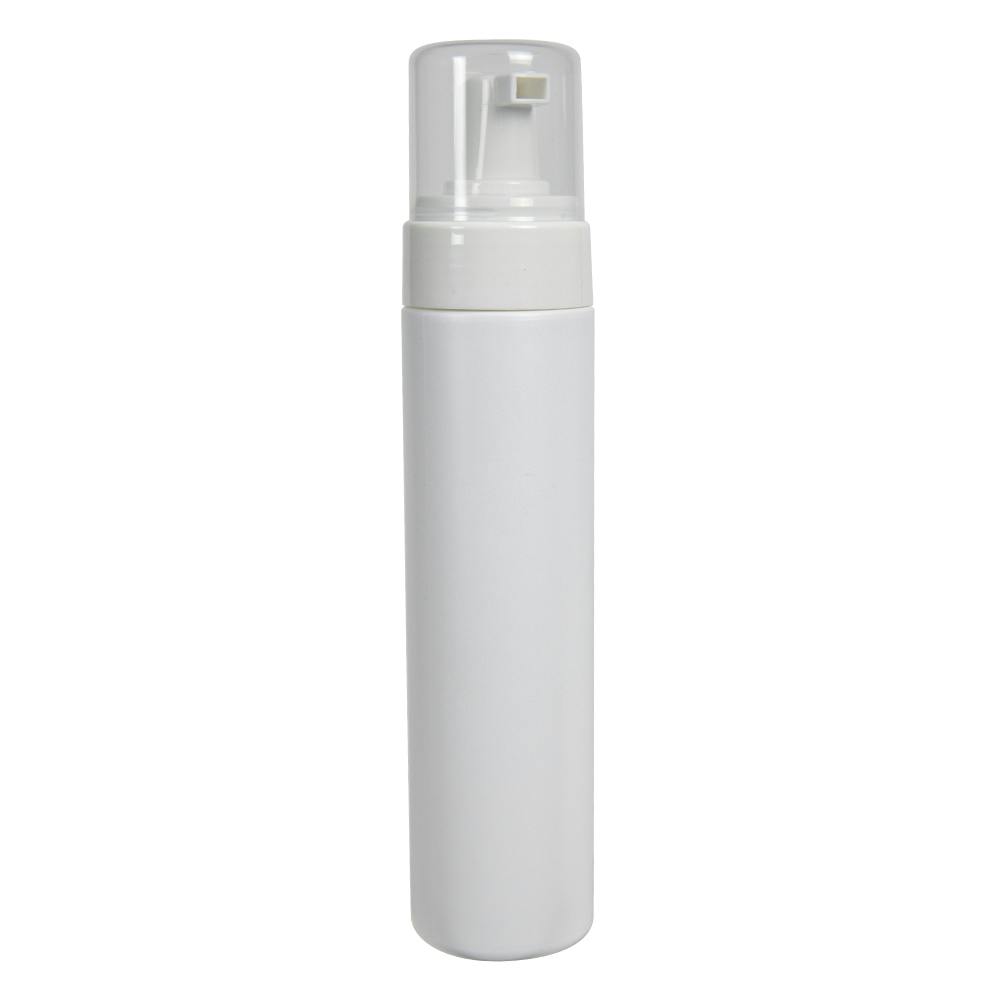 240mL White HDPE Foaming-Style Cylinder Bottle with 43mm White Polypropylene Dispensing Foaming Pump & Clear Overcap