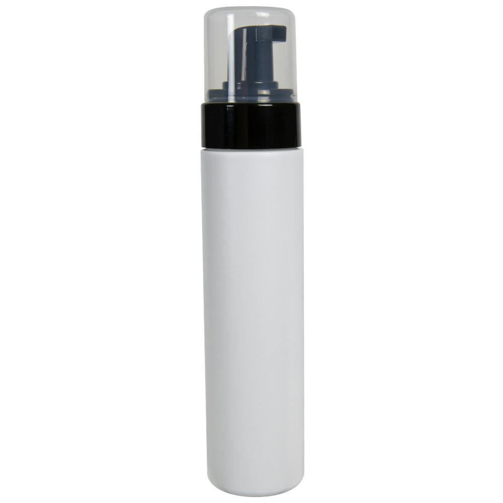 240mL White HDPE Foaming-Style Cylinder Bottle with 43mm Black Polypropylene Dispensing Foaming Pump & Clear Overcap