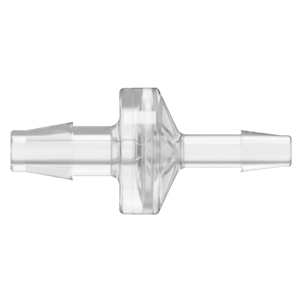 1/4" Hose Barb x 3/16" Hose Barb Natural Polycarbonate Reducing Check Valve with Silicone Diaphragm