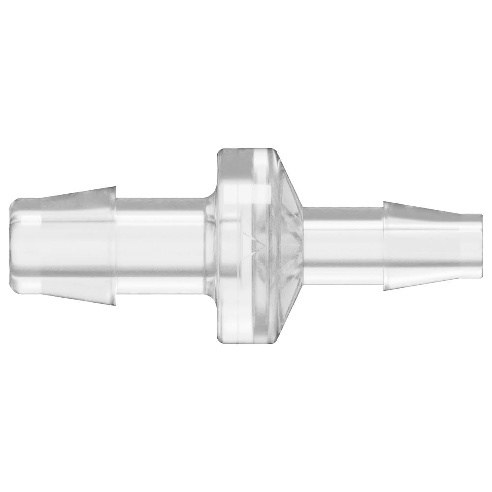 3/8" Hose Barb x 1/4" Hose Barb Natural Polycarbonate Reducing Check Valve with Silicone Diaphragm
