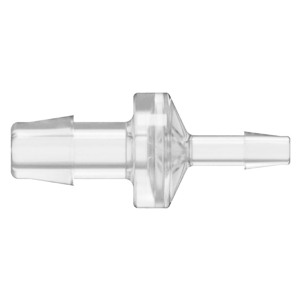 3/8" Hose Barb x 3/16" Hose Barb Natural Polycarbonate Reducing Check Valve with Silicone Diaphragm