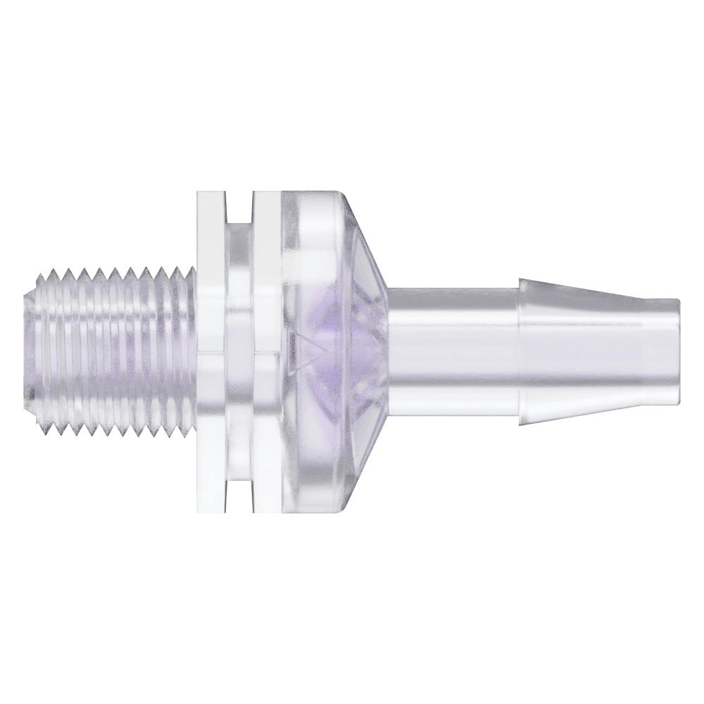 1/8"-27 MNPT x 1/4" Hose Barb Gamma Stable Natural Polycarbonate Threaded Check Valve with Silicone Diaphragm