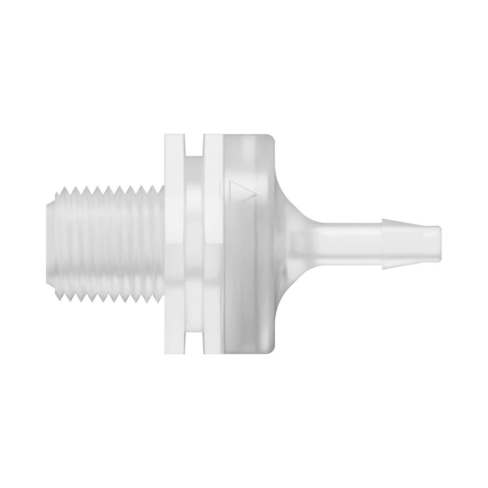 1/8"-27 MNPT x 1/8" Hose Barb Natural Polypropylene Threaded Check Valve with Silicone Diaphragm