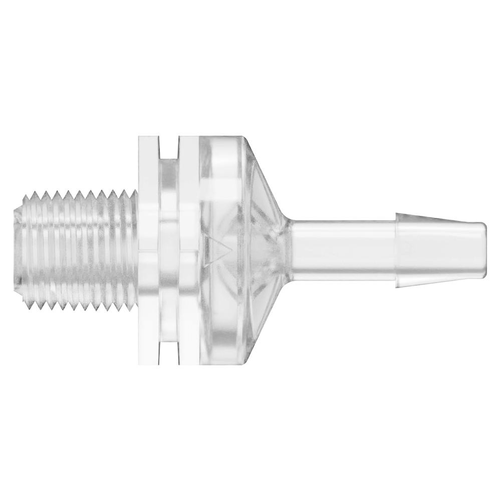 1/8"-27 MNPT x 3/16" Hose Barb Natural Polycarbonate Threaded Check Valve with Silicone diaphragm