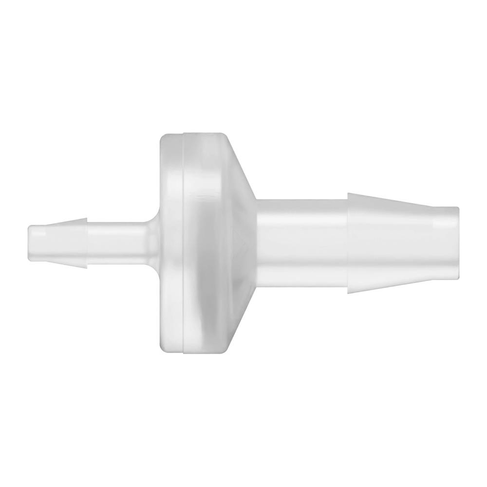 1/8" Hose Barb x 1/4" Hose Barb Natural Polypropylene Enlarging Check Valve with Silicone Diaphragm
