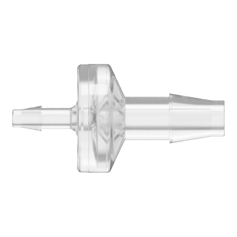 1/8" Hose Barb x 1/4" Hose Barb Natural Polycarbonate Enlarging Check Valve with Silicone Diaphragm