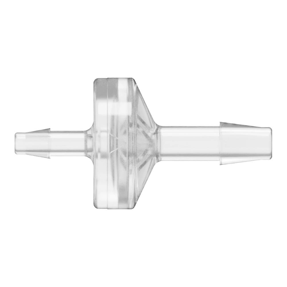 1/8" Hose Barb x 3/16" Hose Barb Natural Polycarbonate Enlarging Check Valve with Silicone Diaphragm