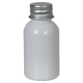 1 oz. White PET Squat Boston Round Bottle with 20/410 Brushed Silver Aluminum Cap with Foam Liner