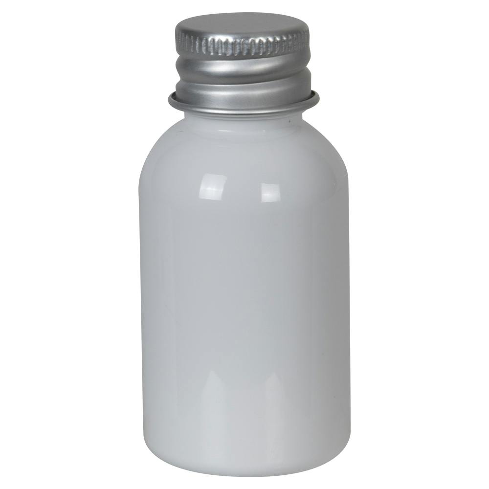 1 oz. White PET Squat Boston Round Bottle with 20/410 Brushed Silver Aluminum Cap with Foam Liner