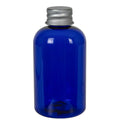 4 oz. Cobalt Blue PET Squat Boston Round Bottle with 20/410 Brushed Silver Aluminum Cap with Foam Liner