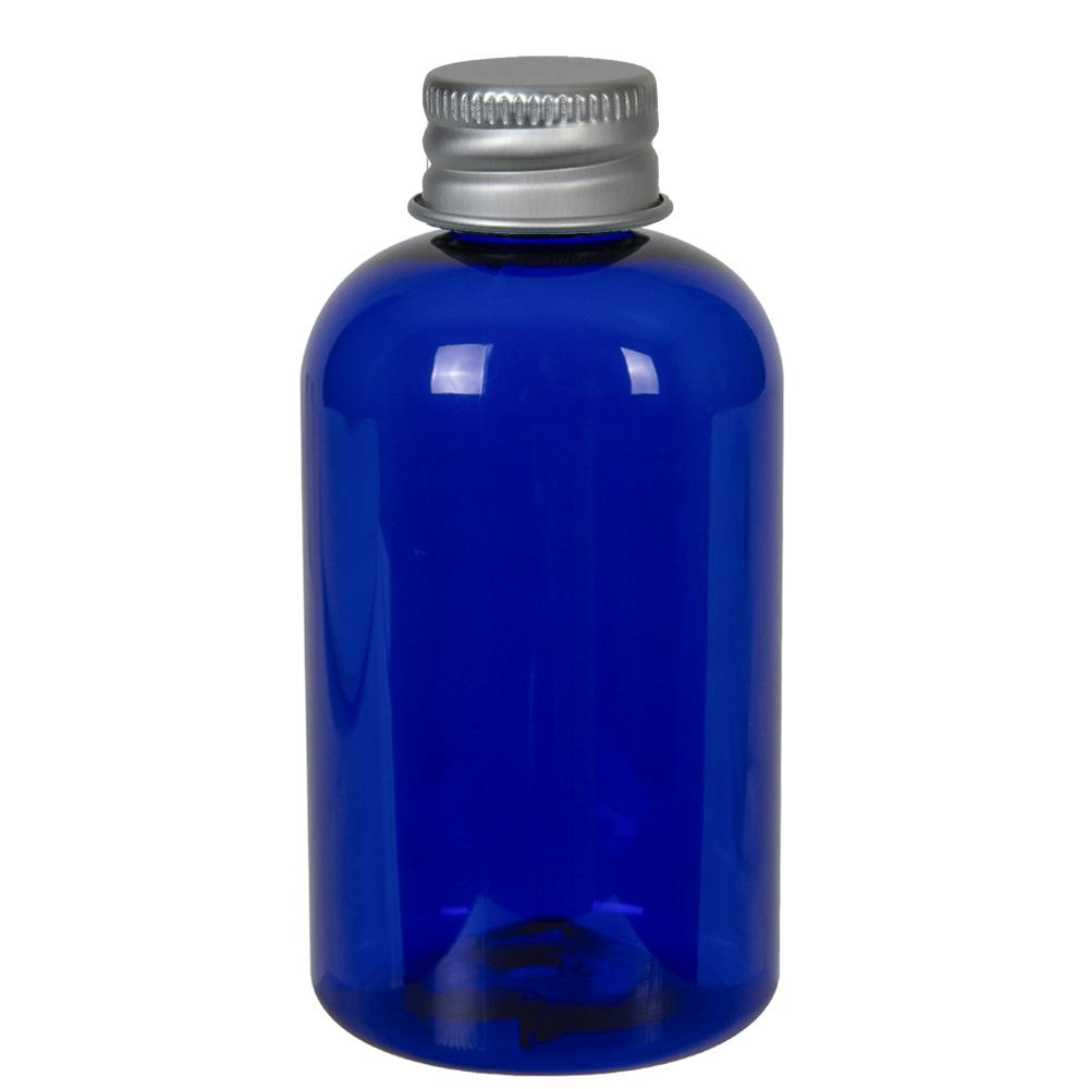 4 oz. Cobalt Blue PET Squat Boston Round Bottle with 20/410 Brushed Silver Aluminum Cap with Foam Liner