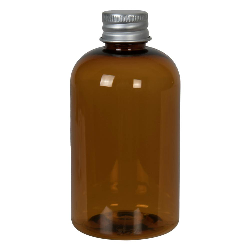 4 oz. Clarified Amber PET Squat Boston Round Bottle with 20/410 Brushed Silver Aluminum Cap with Foam Liner