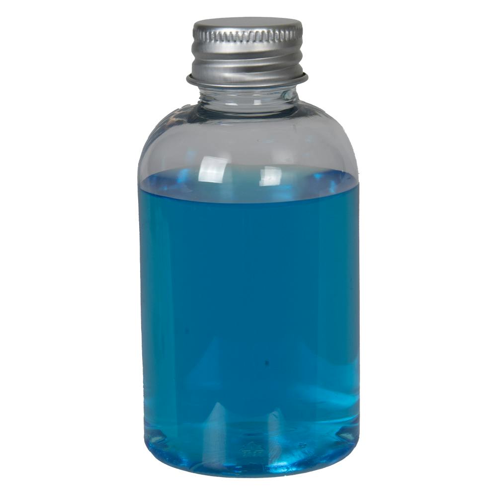 4 oz. Clear PET Squat Boston Round Bottle with 24/410 Brushed Silver Aluminum Cap with Foam Liner