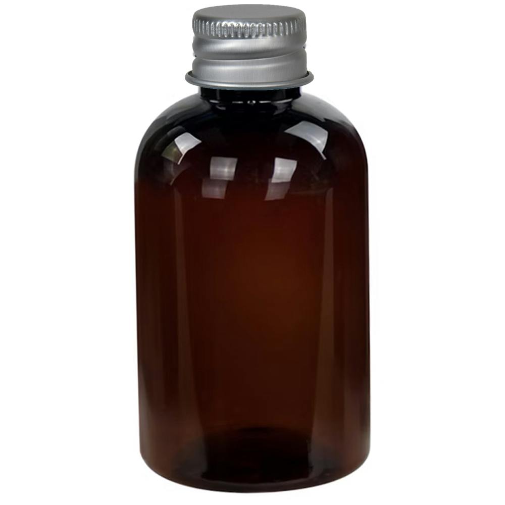 4 oz. Light Amber PET Squat Boston Round Bottle with 24/410 Brushed Silver Aluminum Cap with Foam Liner
