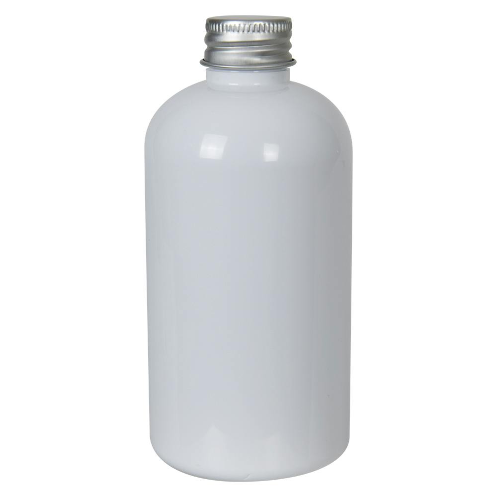 8 oz. White PET Squat Boston Round Bottle with 24/410 Brushed Silver Aluminum Cap with Foam Liner